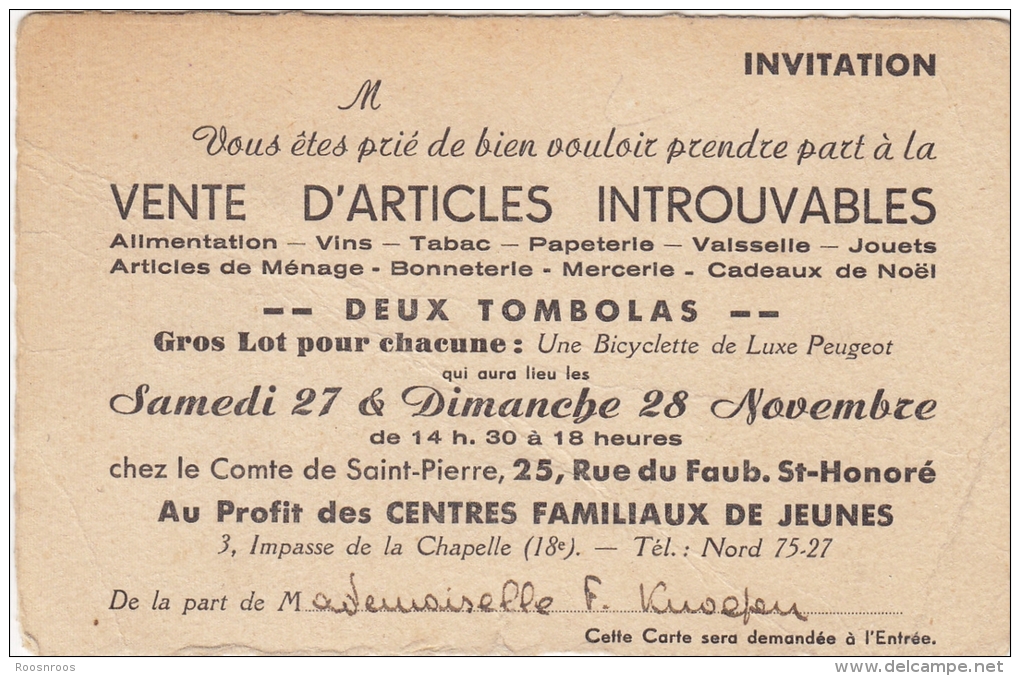 INVITATION  CENTRE FAMILIAUX DE JEUNES VENTE OBJETS INTROUVABLES COMTE DE SAINT PIERRE - Documenti Storici