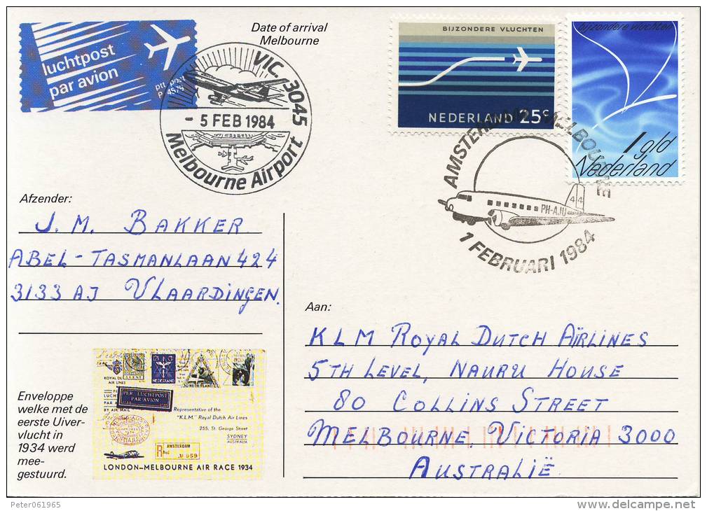 Speciale "Uiver" KLM Vlucht Amsterdam - Melbourne (1 Febr. 1984) - Briefe U. Dokumente