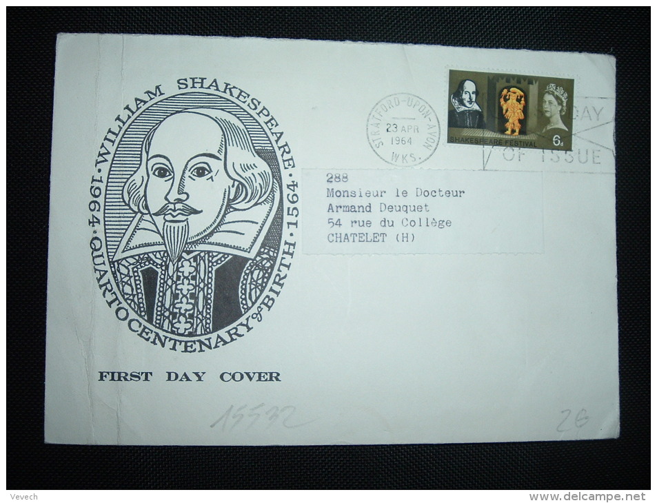 LETTRE FDC TP SHAKESPEARE FESTIVAL 6D OBL.MEC. 23 APR 1964 STRATFORD-UPON-AVON - Lettres & Documents