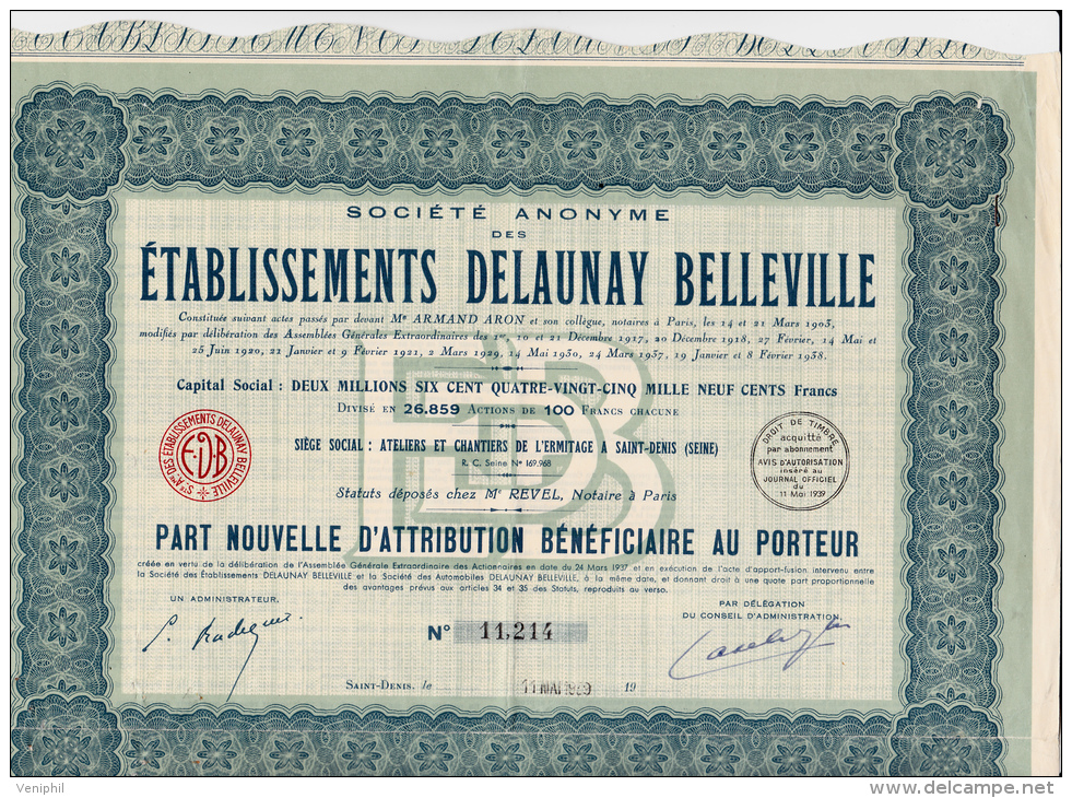 PART NOUVELLE D'ATTRIBUTION - ETS DELAUNEY - BELLEVILLE -1939 - Cinéma & Théatre
