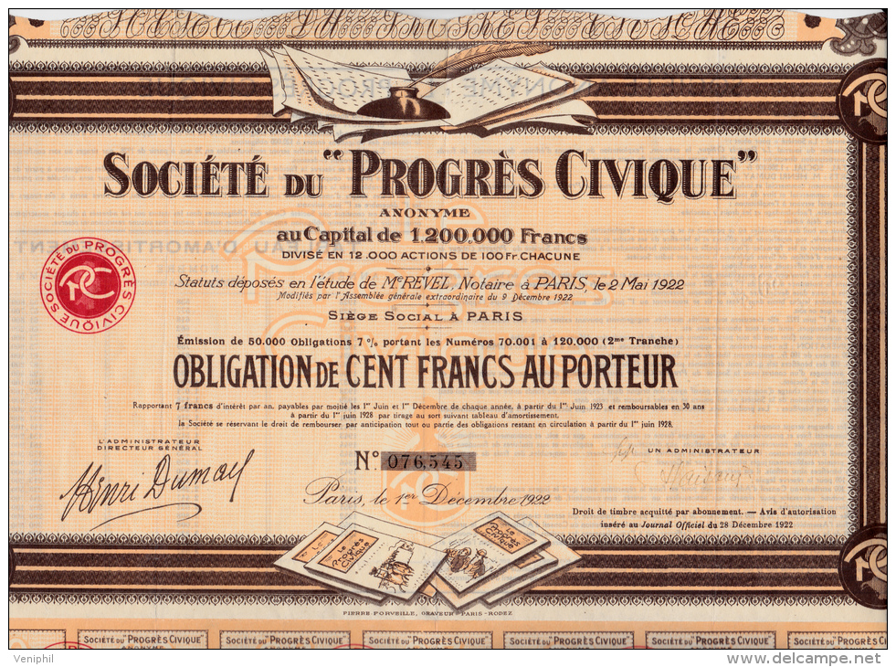 OBLIGATION 100 FRANCS -SOCIETE DU "PROGRES CIVIQUE"  1922 - Cinéma & Théatre