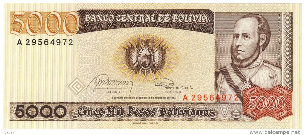 BILLET # BOLIVIE # 5000 PESOS BOLIVIANOS   # 1984 # PICK N° 168 - Bolivia