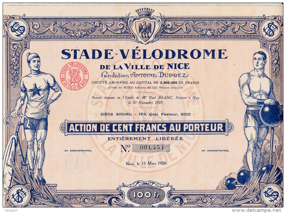 ACTION DE 100 FRANCS NEUVE STADE VELODROME DE LA VILLE DE NICE -1926 - Cinéma & Théatre