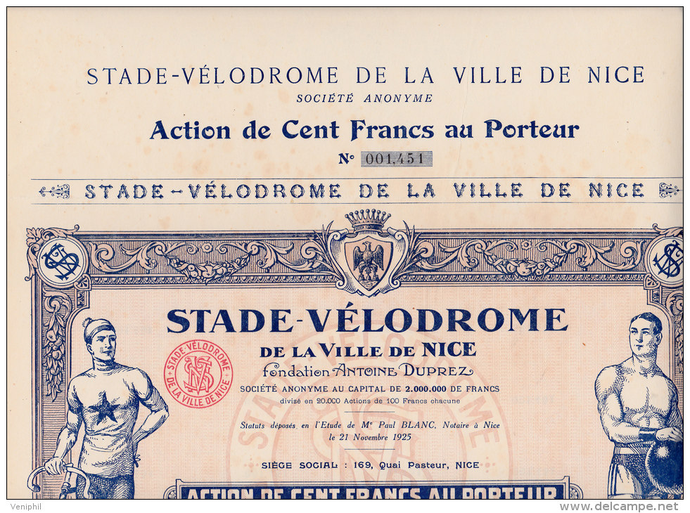 ACTION DE 100 FRANCS NEUVE STADE VELODROME DE LA VILLE DE NICE -1926 - Cinéma & Théatre