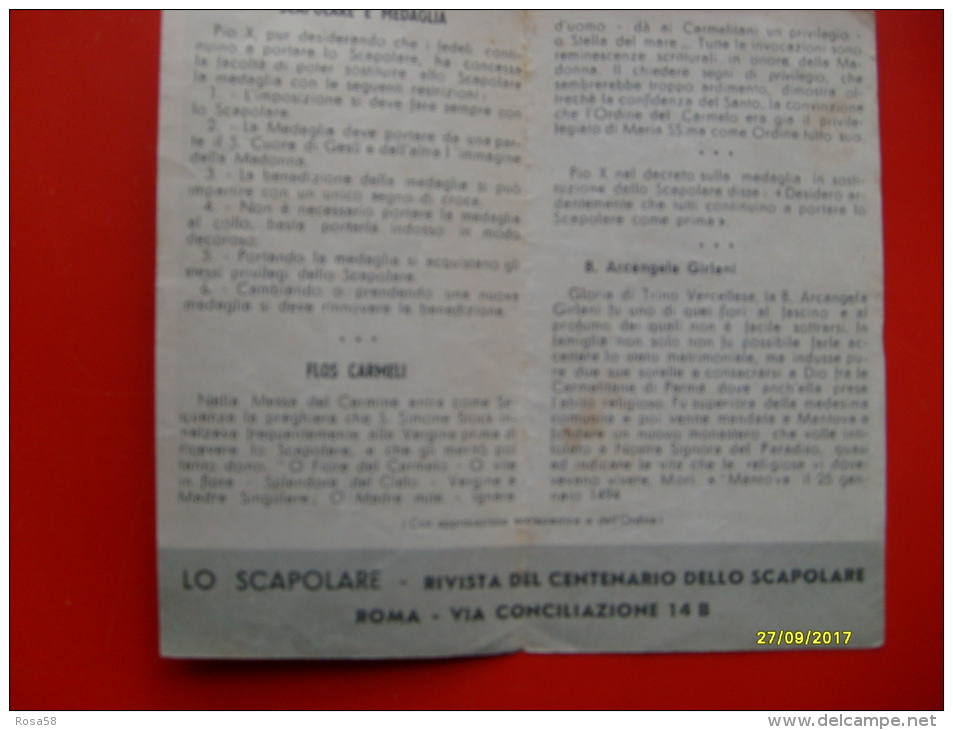 1950 VII Centenario Dello Scapolare Agosto 1950 ROMA Cong.Int.le Mariano Carmelitano - Imágenes Religiosas