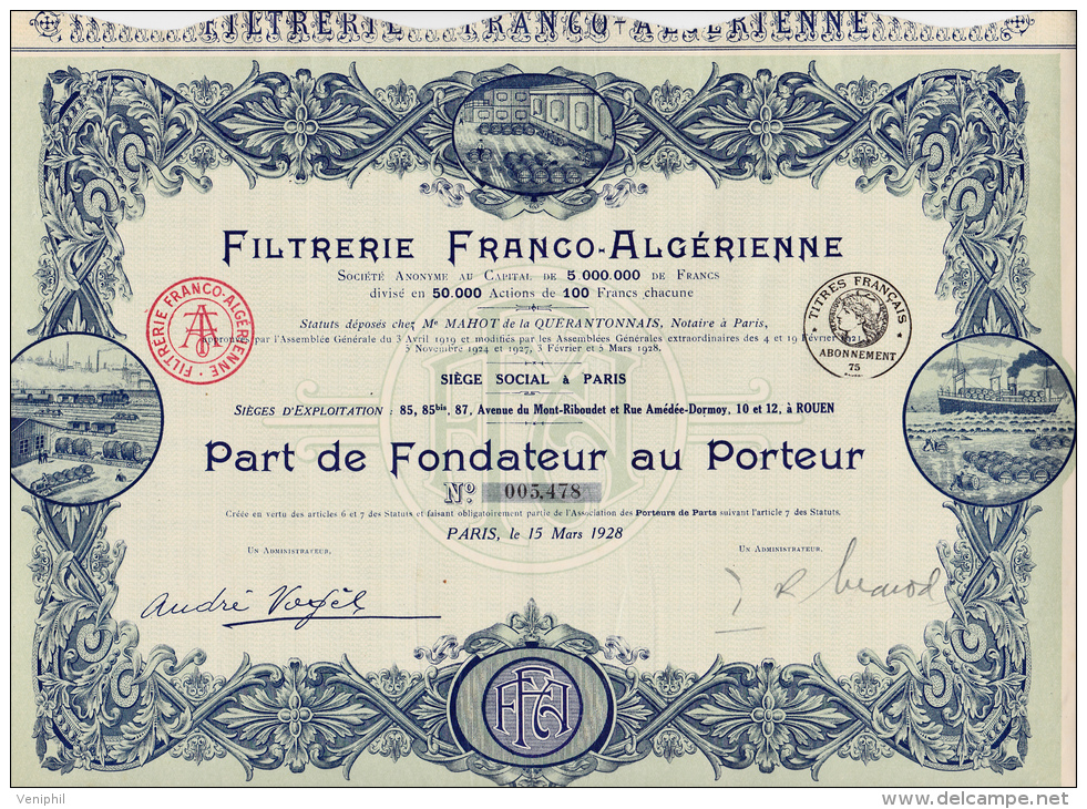 PART DE FONDATEUR -FILTRERIE FRANCO -ALGERIENNE  -1928 - Cinéma & Théatre