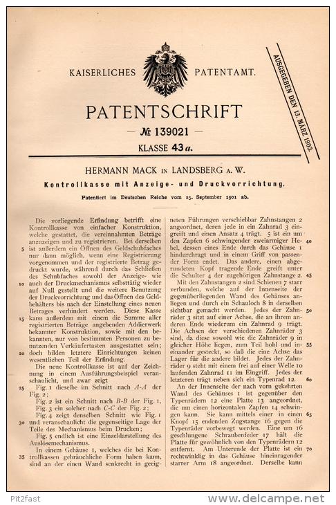 Original Patentschrift - H. Mack In Landsberg A.W., 1901, Kontrollkasse Mit Anzeige , Kasse , Sparkasse !!! - Historische Dokumente