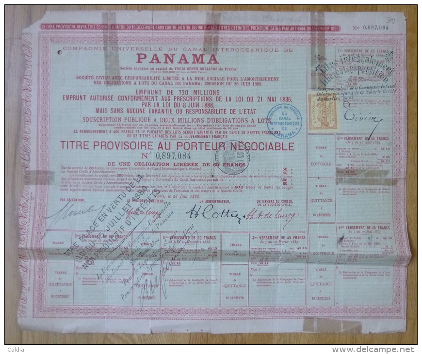 France Panama Action / Share 1888 " Titre Provisoire Au Porteur Negociable " - Autres & Non Classés