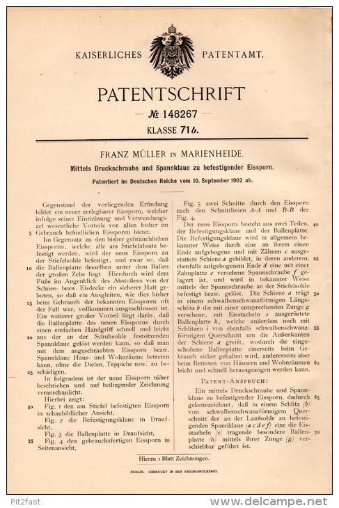 Original Patentschrift - F. Müller In Marienheide B. Köln , 1902 , Eissporn Für Schuhe Bei Schnee Und Eis , Schuster !!! - Historische Dokumente