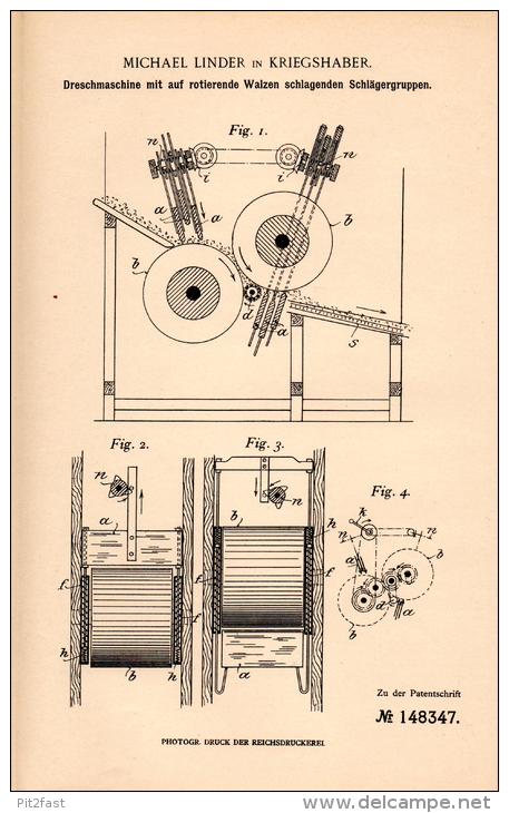 Original Patentschrift - M. Linder In Kriegshaber B. Augsburg , 1903 , Dreschmaschine Mit Walzen , Landwirtschaft !!! - Maschinen