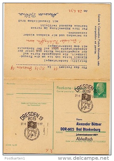 DDR P77 Postkarte Mit Antwort PRIVATER ZUDRUCK BÖTTNER #5 Sost. PIONIERTREFFEN DRESDEN 1972 - Privé Postkaarten - Gebruikt