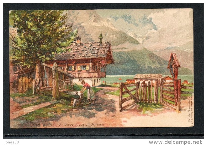 KÜNSTLER LITHO  P. SCHMOHL  " BEI DER BRENNERBAHN " -  BAUERNHAUS AM ACHENSEE   ~ 1900 - Schmohl, P.