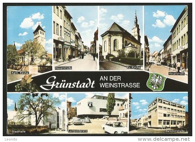 GRÜNSTADT An Der Weinstrasse Luitpoldplatz Kirche Hauptstrasse Stadthalle Bahnhofstrasse 1970 - Gruenstadt