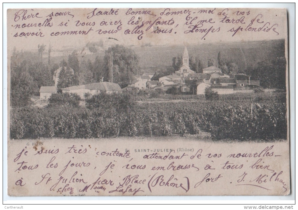 Cpa " SAINT-JULIEN " Vue Générale , Eglise - 1903 - RARE ! - Montmelas , Blacé , Arnas , Denicé ... - Gleize