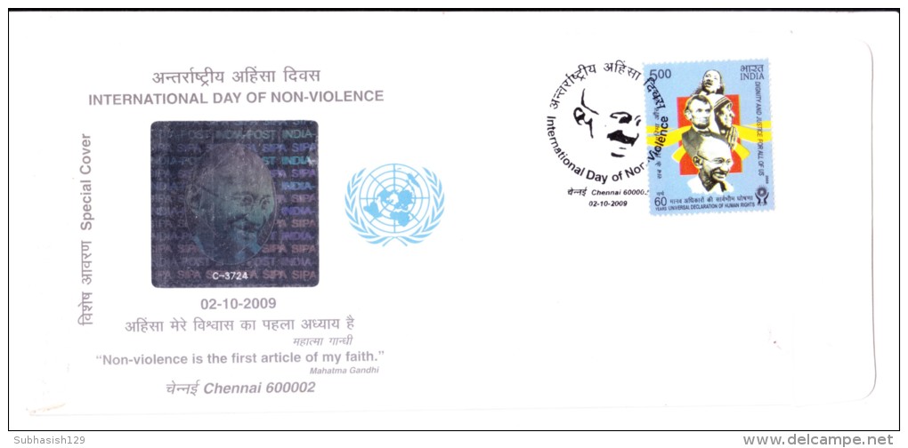 Special Cover Issued On Gandhi Birthday On International Day Of Non Violence In 2009 - Briefe