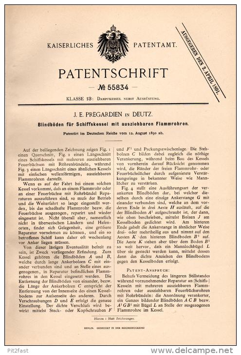 Original Patentschrift - J.E. Pregardien In Deutz - Cöln , 1890 , Schiffskessel Mit Flammrohren , Dampfkessel , Schiff ! - Other & Unclassified