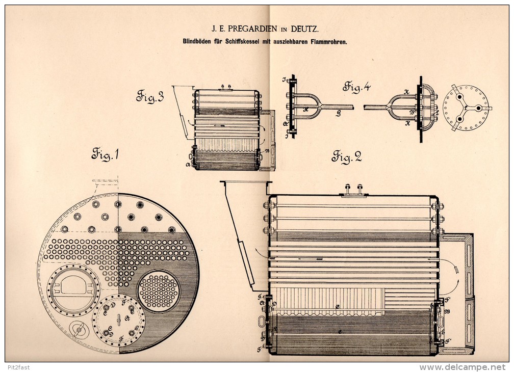 Original Patentschrift - J.E. Pregardien In Deutz - Cöln , 1890 , Schiffskessel Mit Flammrohren , Dampfkessel , Schiff ! - Sonstige & Ohne Zuordnung