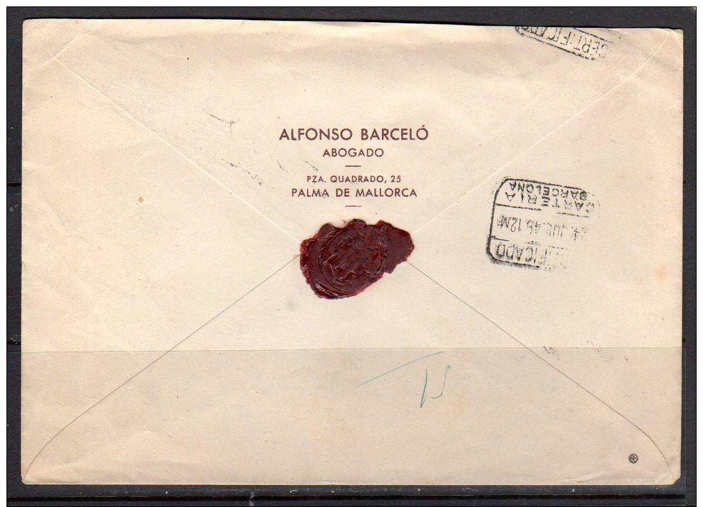 R-cover Palma De Mallorca 1949 To Barcelona (s153) - Lettres & Documents