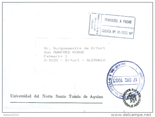 Argentinien Entg. Bez. Stempel 1993 Universität Del Norte Santo Tomas De Aquino Wappen Brief Nach Deutschland - Cartas & Documentos