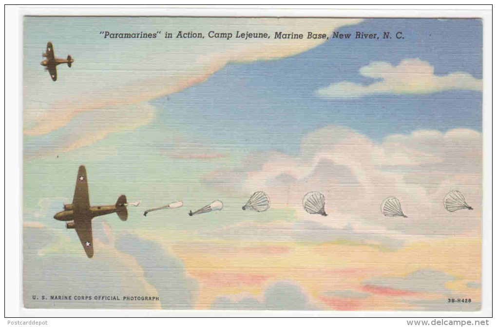 Marine Parachuting Plane Camp Lejeune Base New River North Carolina Postcard - Fallschirmspringen