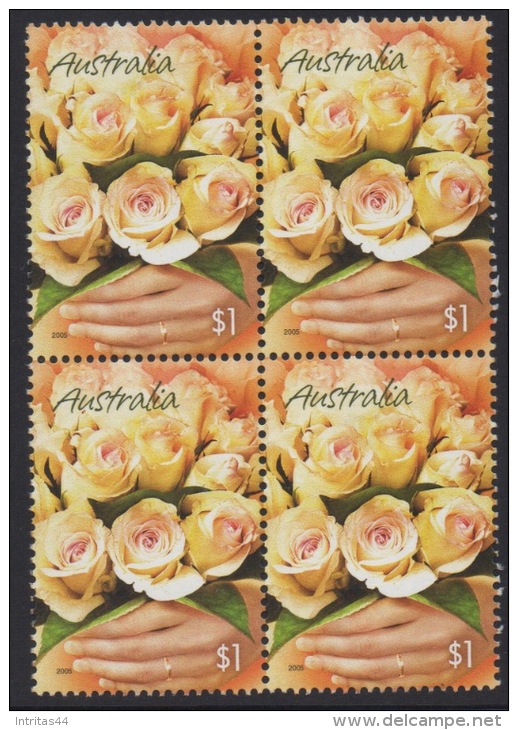 AUSTRALIA 2005 GREETINGS STAMPS "MARKING THE OCCASION" BOUQUET OF CREAM ROSES BLOCK OF (4) MNH - Blocks & Sheetlets