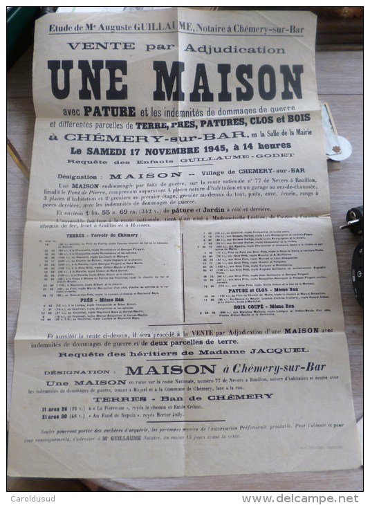 RARE AFFICHE VENTE De MAISON A CHEMERY SUR BAR 1945 AVEC INDEMNITES DOMMAGES GUERRE ETUDE Maitre Auguste GUILLAUME - Affiches