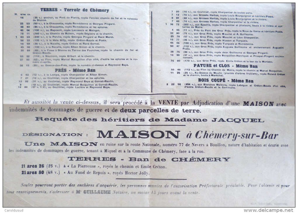 RARE AFFICHE VENTE De MAISON A CHEMERY SUR BAR 1945 AVEC INDEMNITES DOMMAGES GUERRE ETUDE Maitre Auguste GUILLAUME - Affiches