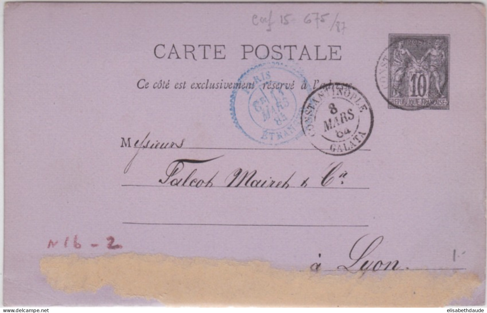 LEVANT - 1884 - CARTE ENTIER POSTAL TYPE SAGE De CONSTANTINOPLE GALATA (TURQUIE) Pour LYON - Lettres & Documents