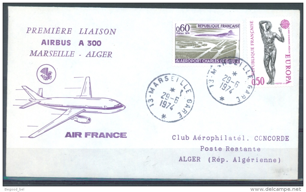 PREMIERE LIAISON AIRBUS A 300 MARSEILLE ALGER AIR FRANCE  29.6.1974 - Lot 8578 - First Flight Covers