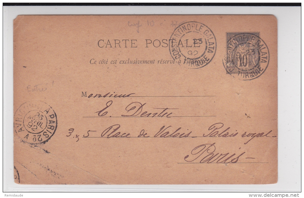 LEVANT - 1892 - CARTE ENTIER POSTAL TYPE SAGE De CONSTANTINOPLE (TURQUIE) Pour PARIS - Covers & Documents