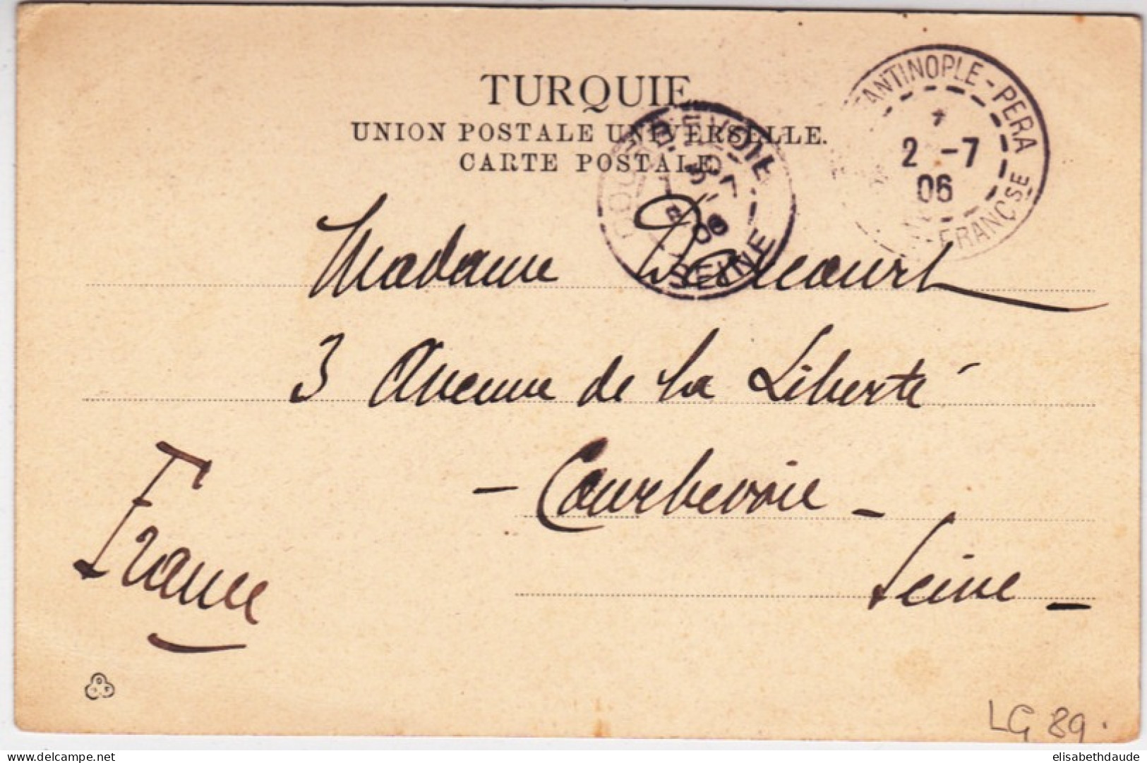 LEVANT - 1906 - CARTE TYPE MOUCHON De CONSTANTINOPLE (TURQUIE) Pour COUBEVOIE - Brieven En Documenten