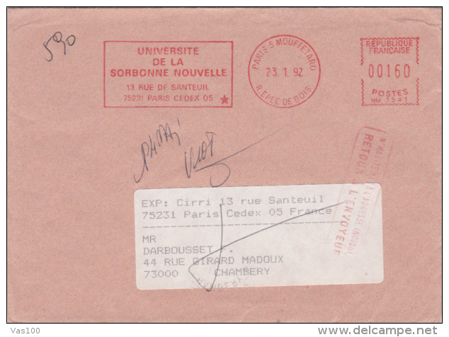 AMOUNT 160, PARIS, SORBONNE UNIVERSITY METERMARK, MACHINE STAMPS ON COVER, 1992, FRANCE - Briefe U. Dokumente