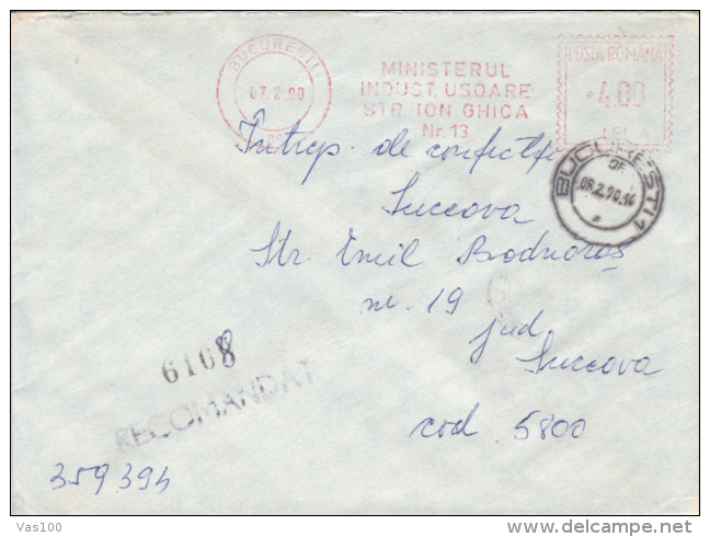 AMOUNT 4, BUCHAREST, INDUSTRY MINISTERY METERMARK, MACHINE STAMPS ON COVER, 1990, ROMANIA - Franking Machines (EMA)