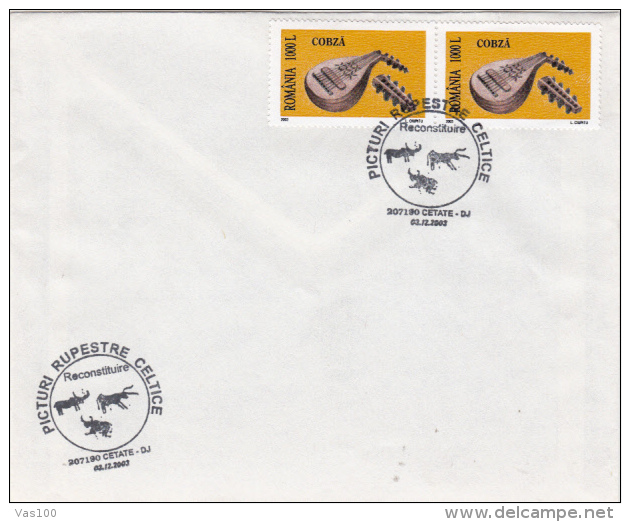 PREHISTORYIC CAVE DRAWINGS, SPECIAL POSTMARK ON COVER, FOLKLORE INSTRUMENT STAMPS, 2003, ROMANIA - Vor- Und Frühgeschichte