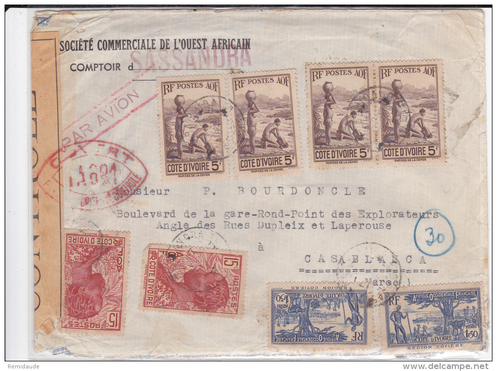 COTE D´IVOIRE - 1941 - ENVELOPPE Par AVION De SASSANDRA Pour CASABLANCA (MAROC) Avec CENSURE ROUGE VA601 - Briefe U. Dokumente