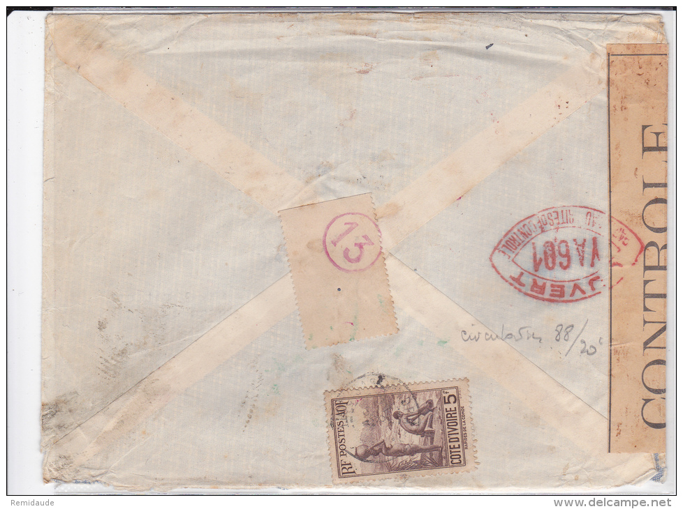 COTE D´IVOIRE - 1941 - ENVELOPPE Par AVION De SASSANDRA Pour CASABLANCA (MAROC) Avec CENSURE ROUGE VA601 - Lettres & Documents