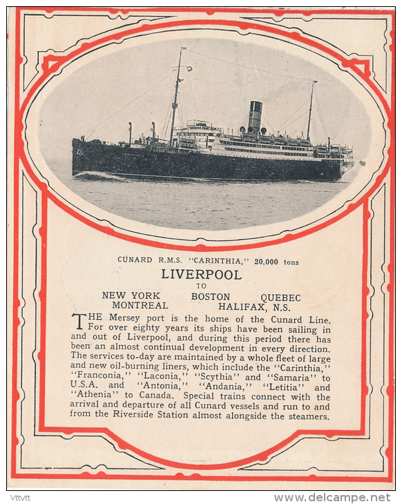 Paquebot "CARINTHIA", 20.000 Tons, Compagnie Cunard (lire Description), Liverpool, New York, Boston, Quebec, Halifax... - Sonstige & Ohne Zuordnung