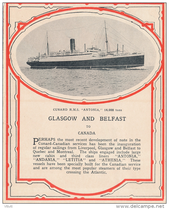 Paquebot "ANTONIA", 14.000 Tons, Compagnie Cunard (lire Description), Glasgow, Belfast, Canada... - Sonstige & Ohne Zuordnung