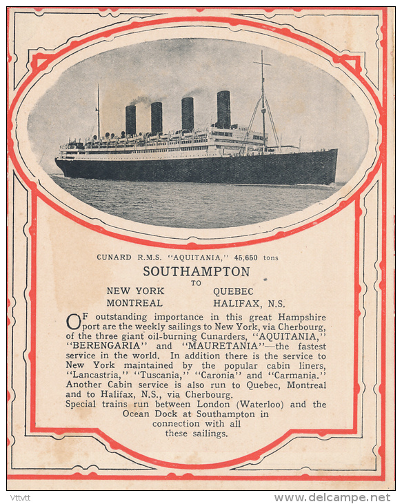 Paquebot "AQUITANIA", 46.650 Tons, Compagnie Cunard (lire Description), Southampton, New York, Quebec, Montreal, Halifax - Autres & Non Classés