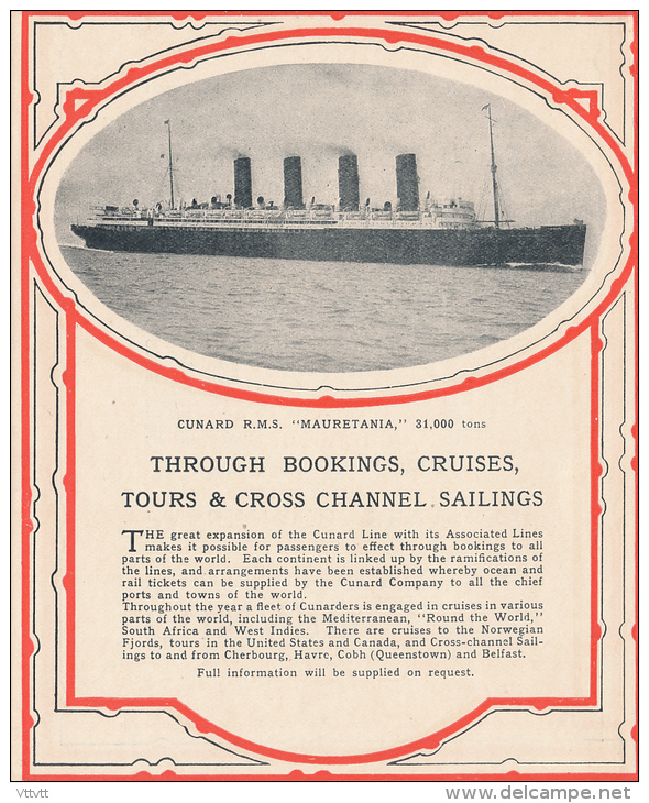 Paquebot "MAURETANIA", 20.000 Tons, Compagnie Cunard (lire Description), Through Bookings, Cruises, Tours, Sailings... - Sonstige & Ohne Zuordnung