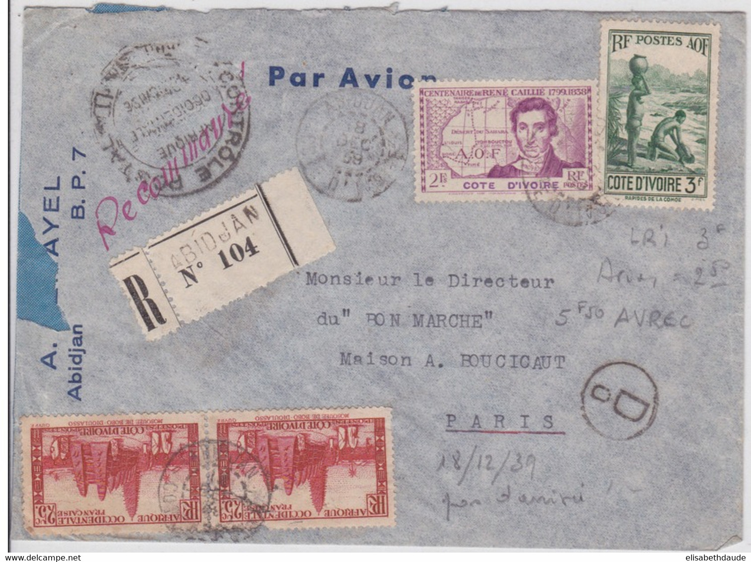 COTE D'IVOIRE - 1939 -  ENVELOPPE Par AVION RECOMMANDEE De ABIDJAN Avec CENSURE Pour PARIS - Storia Postale