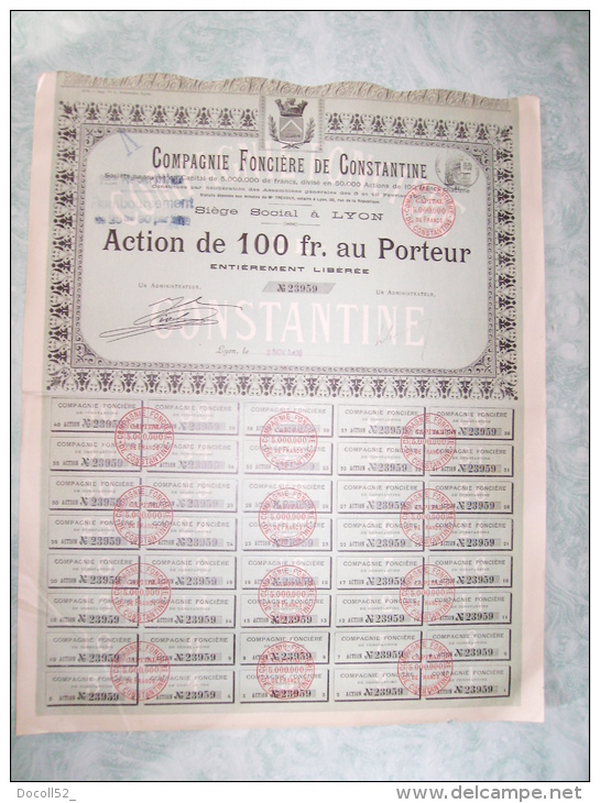 Action De 100 Francs Au Porteur - Compagnie Fonciere De Constantine - Afrique