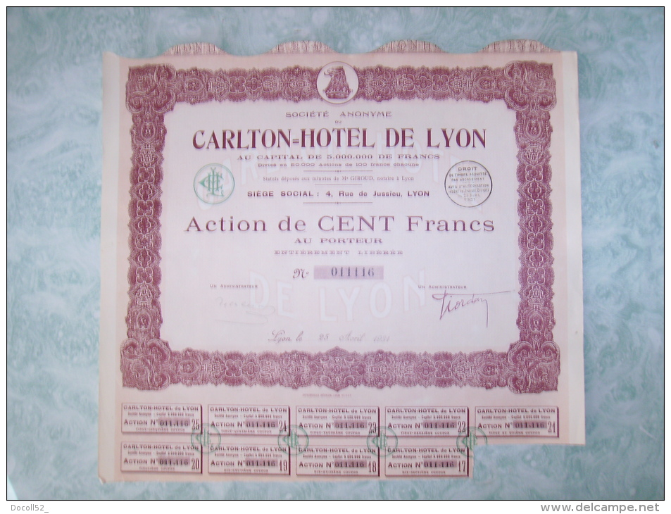 Action De 100 Francs Au Porteur - Carlton Hotel De Lyon - Tourismus