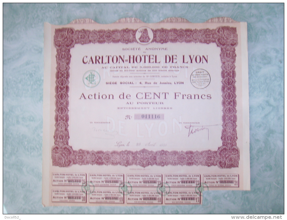 Action De 100 Francs Au Porteur - Carlton Hotel De Lyon - Tourisme