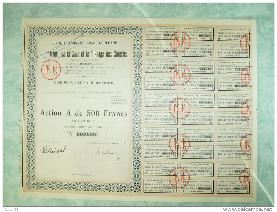 Action A De 500 Francs Au Porteur - Societe Anonyme Franco-bulgare - Filature De Soie - Textil