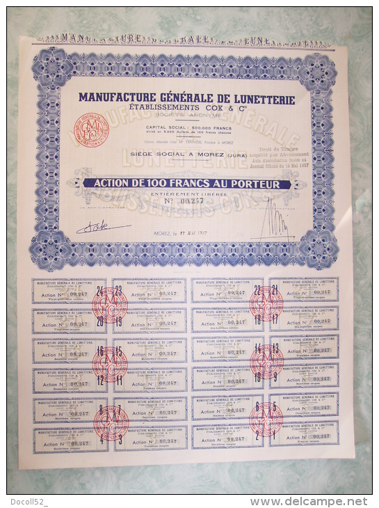 Action De 100 Francs Au Porteur - Manufacture Generale De Lunetterie - Ets Cok Et Cie A Morez - Textil