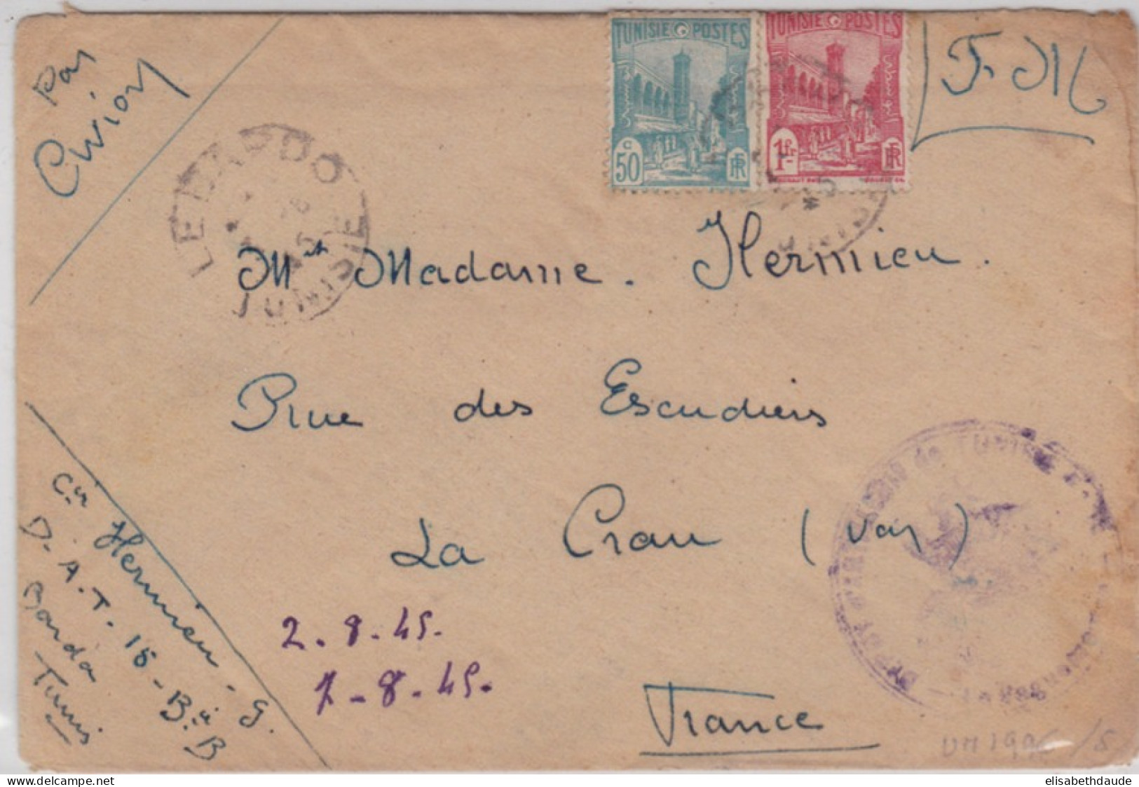 TUNISIE - 1945 - ENVELOPPE FM Par AVION Du DEPOT D'ARTILLERIE De TUNISIE N°15 à LE BARDO Pour LA CRAU (VAR) - Storia Postale