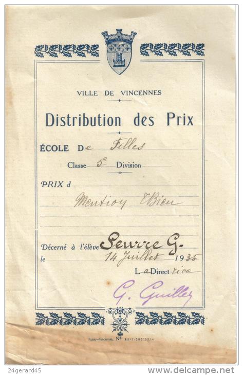 DIPLOME SCOLAIRE DISTRIBUTION DES PRIX VILLE DE VINCENNES (94) ECOLE DES FILLES - Diplomas Y Calificaciones Escolares