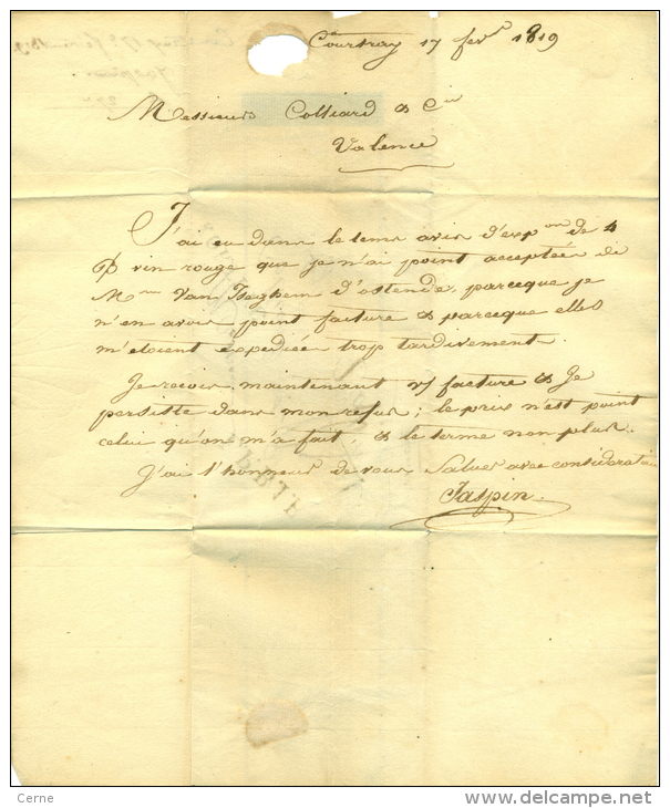 Belgique - Précurseur De Courtray Vers Valence Du 17/02/1819, Cachet "KORTRYK" "L.P.B.1.R.", Décimes, See Scan - 1815-1830 (Période Hollandaise)