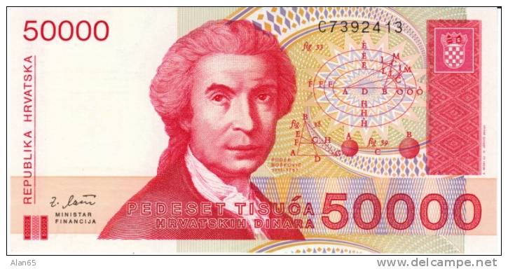 50,000 Dinara, 1993 Croatia Currency Banknote, Krause #26a, Uncirculated - Croatie
